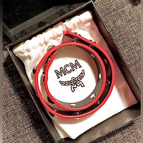 MCM Rockstar Dual Choker Necklace & Double Wrap Bracelet Red Leather Double Snap - Picture 13 of 14